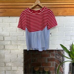 Anthropologie Red & White Striped Blouse with Denim Peplum
